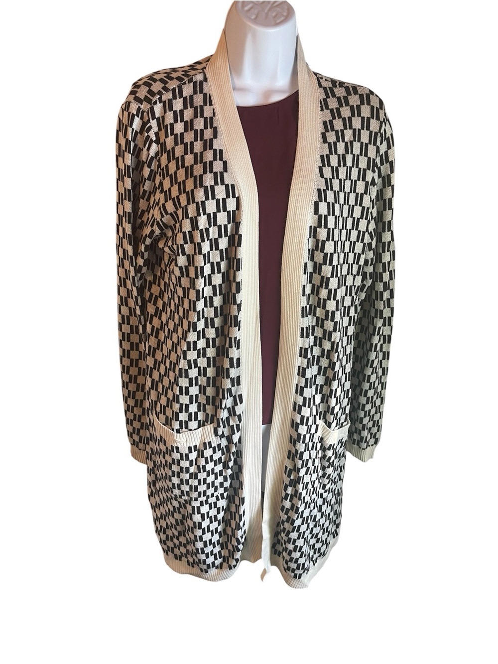 Belldini Cream and Black Checkered Open-Front Cardigan